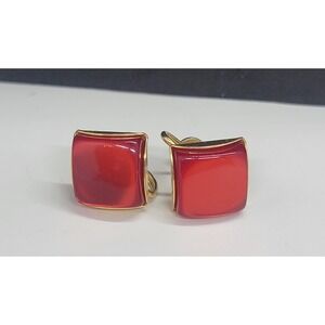 Vintage Red Moonglow Lucite Square Rhinestone Goldtone Screw back Earrings